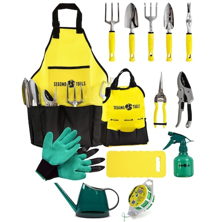 Segomo Tools 14 PC Gardening Tool Set W/ Watering Can and Plant Twist Tie Reel With Cutter GTS14